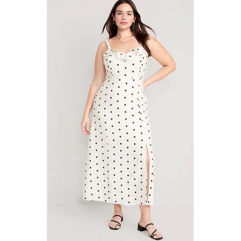 Old Navy Maxi Dress Women Medium White Polka Dot Ruffle Linen Blend Cami Retro